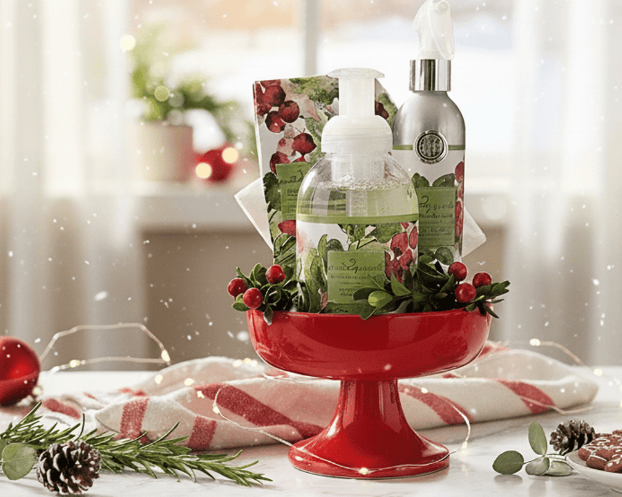 Celebratopia hostess set in Cranberry Wreath fragrance, with hand cream, room and linen spray, foaming hand soap and matching cocktail napkins in red pedestal bowl on a white marble countertop with Christmas decorations.
