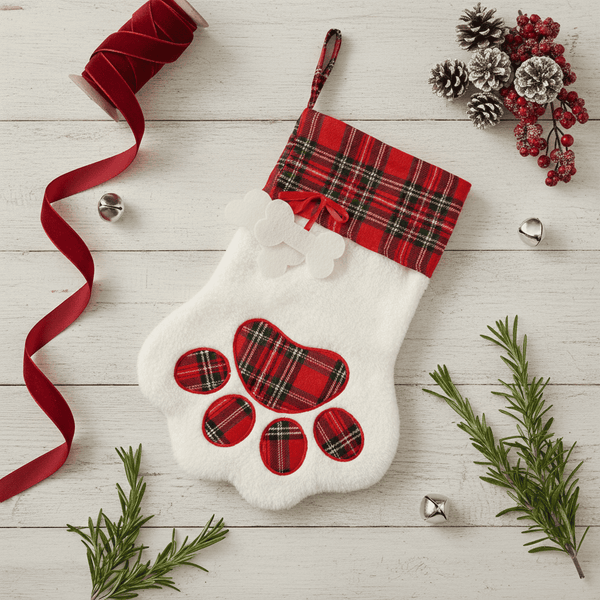 White Christmas stocking with red plaid accents on a wooden surface with festive decorations