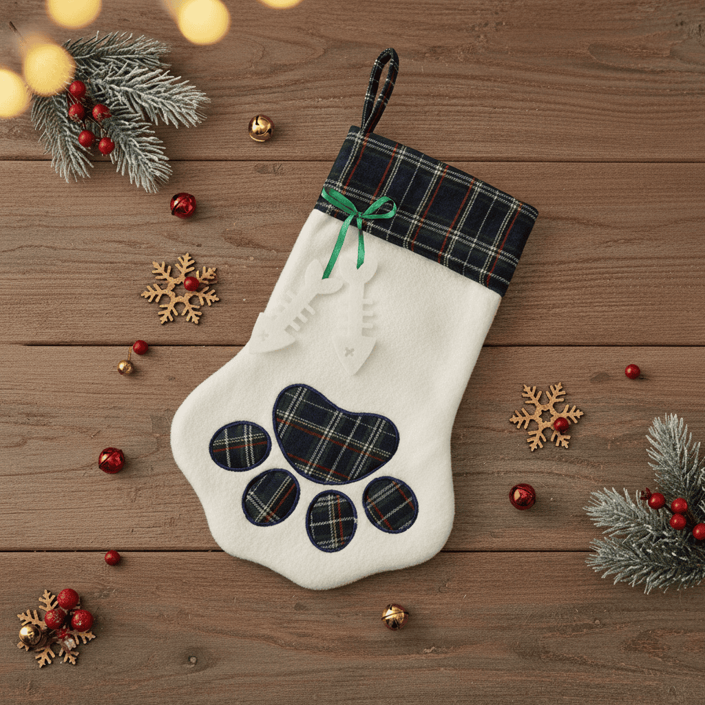 White Christmas stocking with plaid paw design on a wooden surface with festive decorations