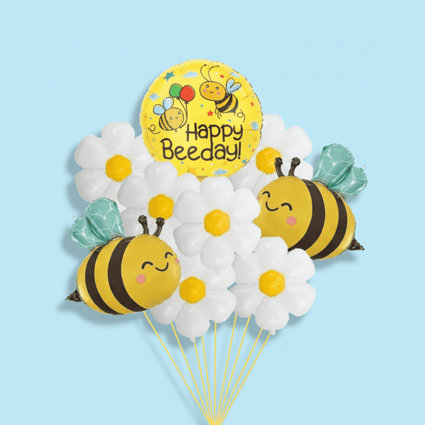 Happy Bee Day Balloon Bouquet featuring nine helium-filled balloons, including bumblebee shapes, daisy designs, and a Happy Beeday focal balloon, perfect for birthday celebrations