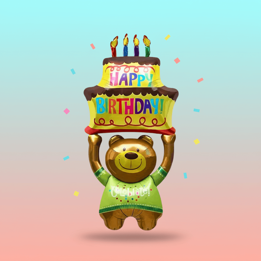 Inflatable bear balloon holding a birthday cake with candles on a gradient background
