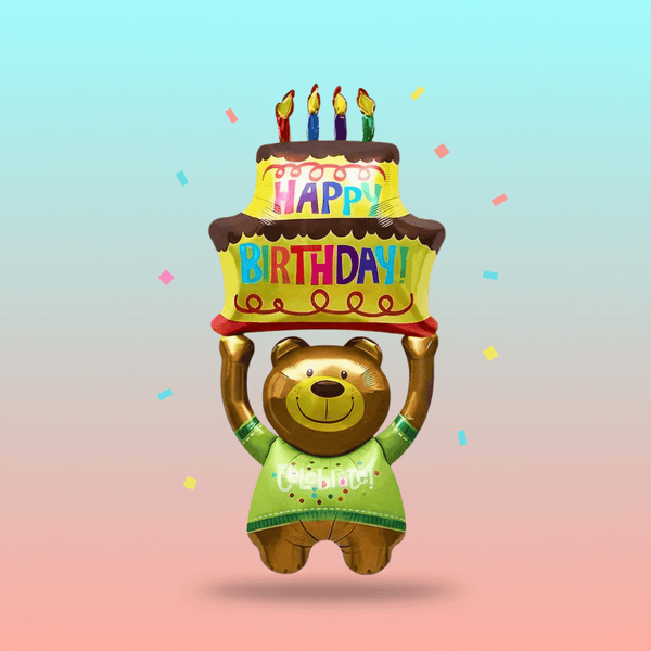 Inflatable bear balloon holding a birthday cake with candles on a gradient background