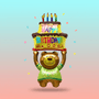 Inflatable bear balloon holding a birthday cake with candles on a gradient background