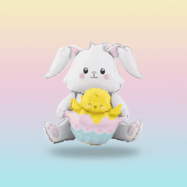 jumbo white bunny balloon holding an open Easter egg with a yellow chick popping out on a gradient background