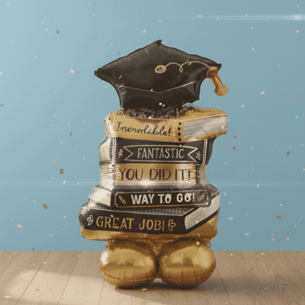 Graduation-themed balloon with books and a cap on a blue background