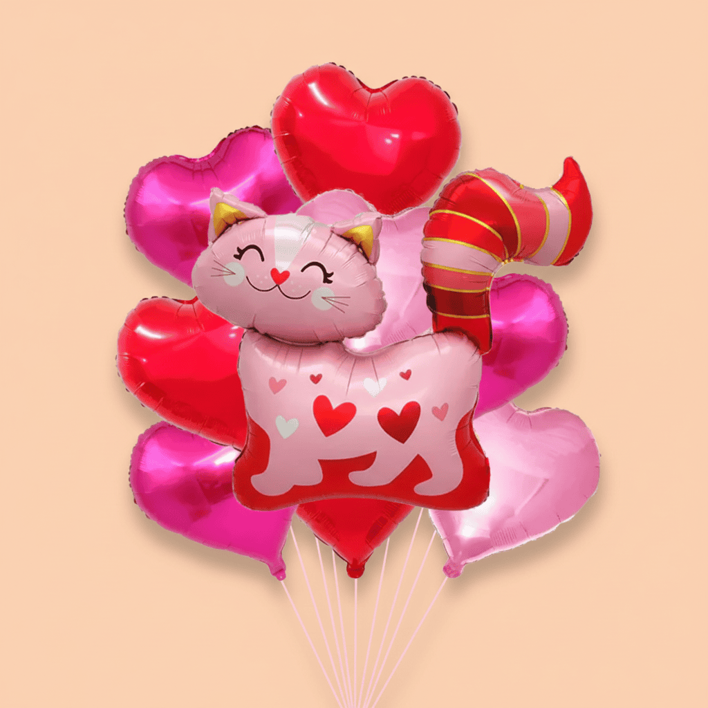 Love Cat Balloon Bouquet featuring a cat-shaped balloon with eight heart balloons