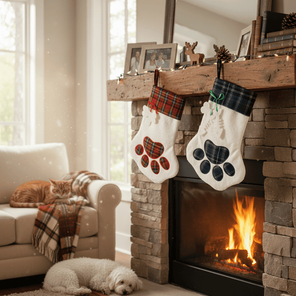 Two plaid stockings with paw prints hanging above a fireplace in a cozy living room