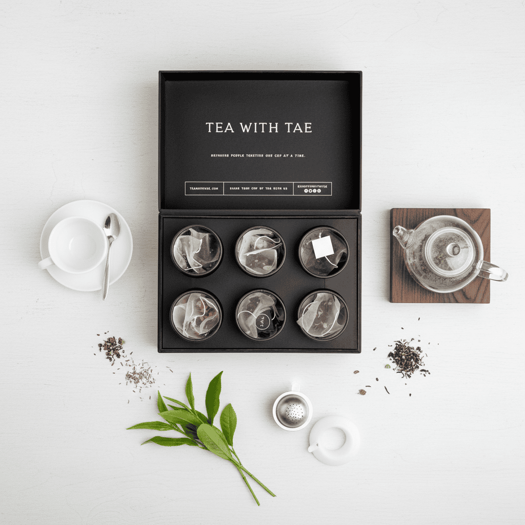 Tea Bento Gift Box with six round containers, each holding premium tea sachets, elegantly packaged as a unique, customizable tea gift from Celebratopia.