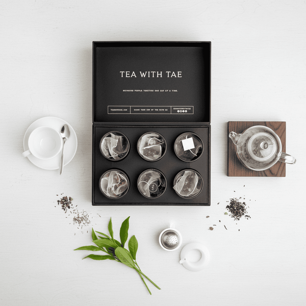 Tea Bento Gift Box with six round containers, each holding premium tea sachets, elegantly packaged as a unique, customizable tea gift from Celebratopia.
