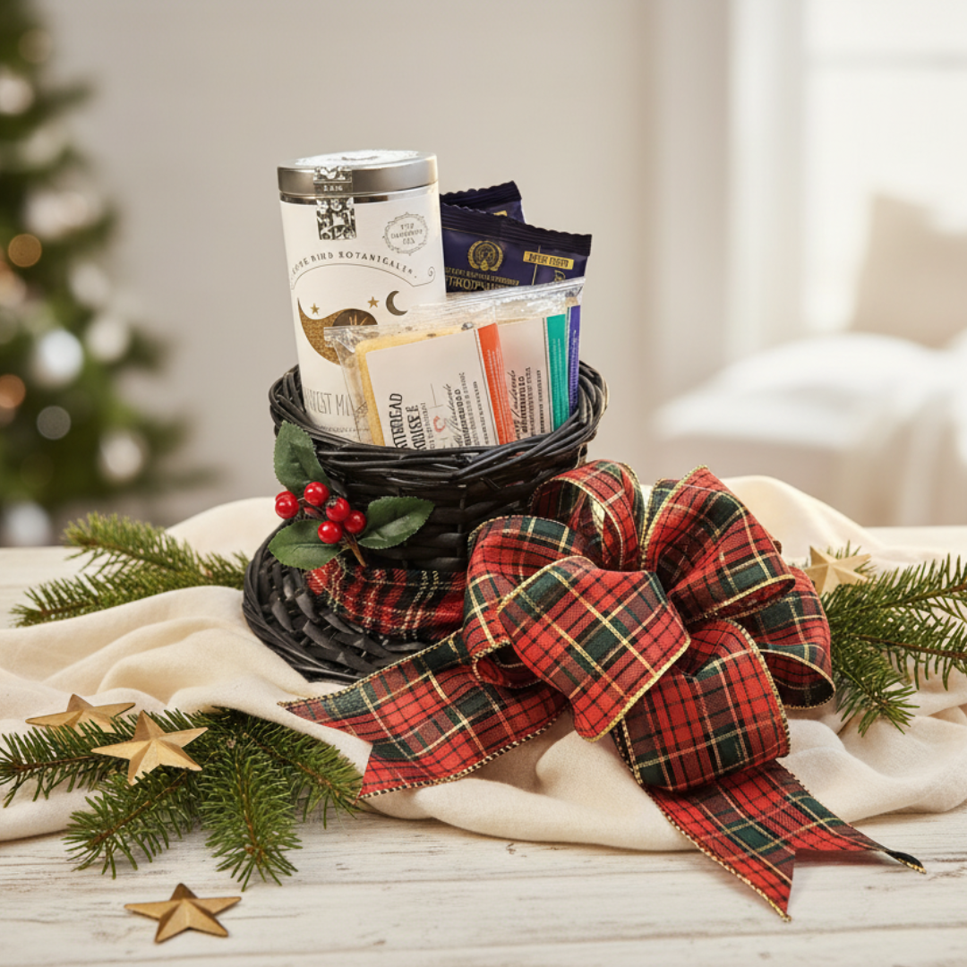 Mini top hat gift basket with a plaid ribbon on a table with Christmas decorations.