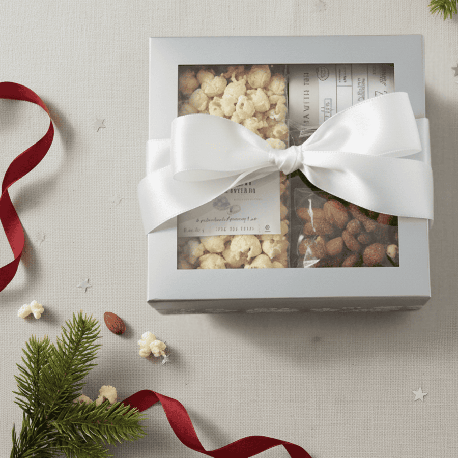 Gift box with a white bow containing snacks on a textured surface with Christmas decorations.