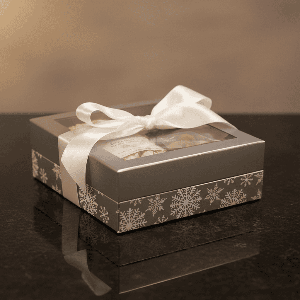 Gourmet gift box with a white ribbon on a reflective surface
