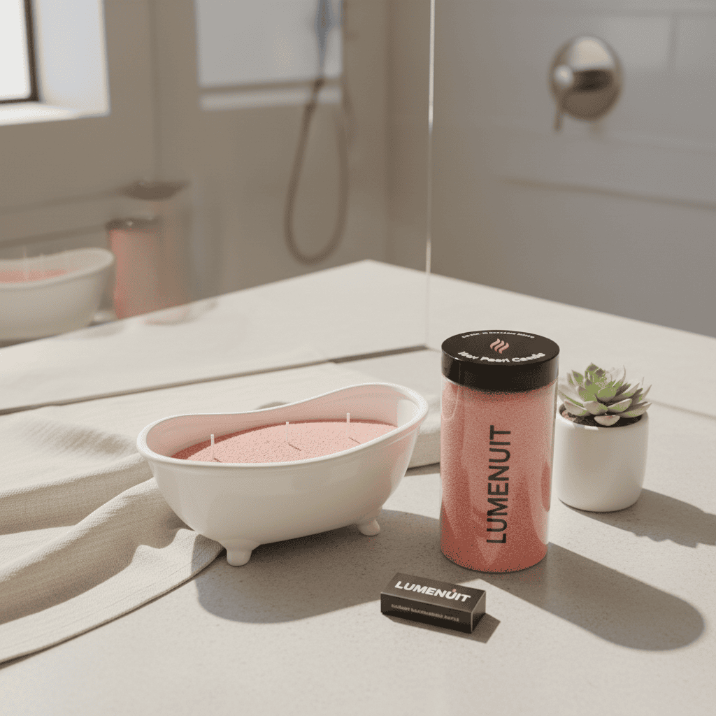 White ceramic bathtub filled with pink wax pearl and three wicks, a canister of Lumenuit wax pearls and Lumenuit box of candle wicks