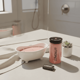 White ceramic bathtub filled with pink wax pearl and three wicks, a canister of Lumenuit wax pearls and Lumenuit box of candle wicks