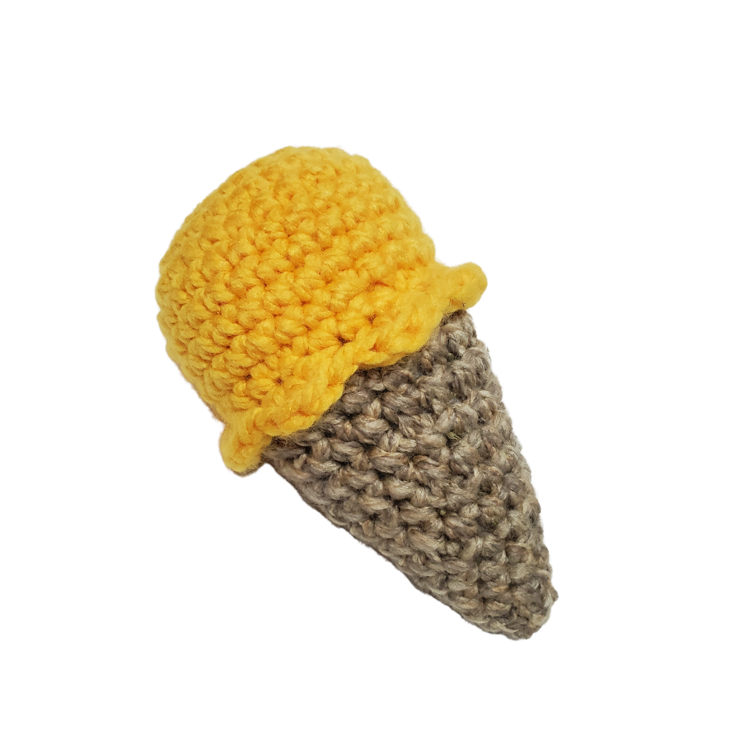 Knitted ICE CREAM CONE CATNIP TOY - MANGO, designed for cats, featuring durable yarn and filled with organic catnip and silver vine blend.